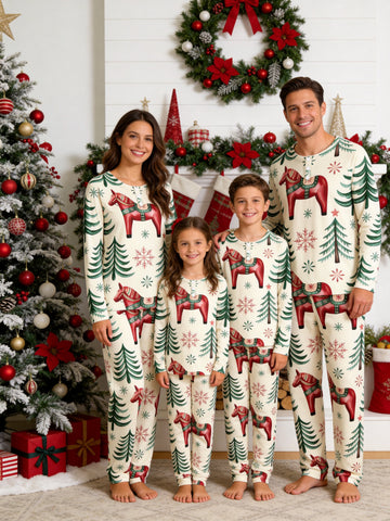 Dala Horse Pine Tree Print 3-Button Henley Neck Matching Family Christmas Pajamas Set
