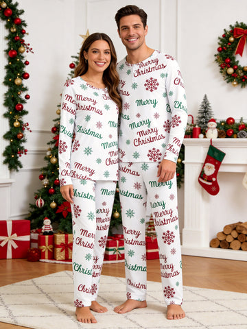 Merry Christmas Snowflake Letter Print 3-Button Henley Couple Matching Holiday Pyjamas