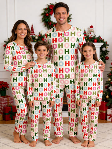 Colorful Letter HO HO HO Print 3-Button Henley Neck Matching Family Christmas Pajamas