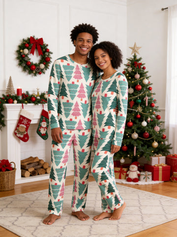 Pastel Pink and Green Christmas Tree Print 3-Button Henley Couple Matching Pyjamas