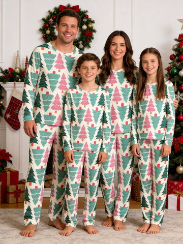 Pastel Pink and Green Christmas Tree Print 3-Button Henley Family Matching Pyjamas