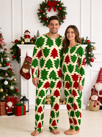 Red and Green Retro Geometric Christmas Tree Print 3-Button Henley Couple Sleepwear Set