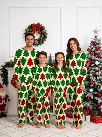 Red and Green Retro Geometric Christmas Tree Print 3-Button Henley Family Sleepwear Set
