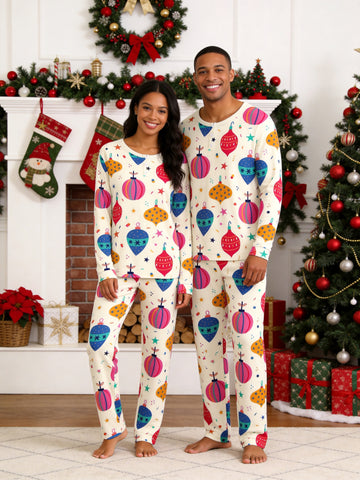 Christmas Baubles Ornaments Print 3-Button Henley Matching Couple Holiday Pajamas