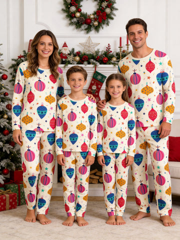 Christmas Baubles Ornaments Print 3-Button Henley Matching Family Holiday Pajamas