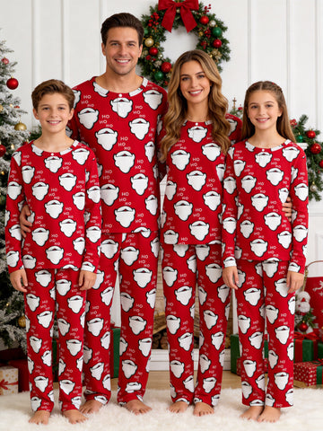 Red Santa Claus Beard and Letter HO Print 3-Button Henley Matching Family Christmas PJs