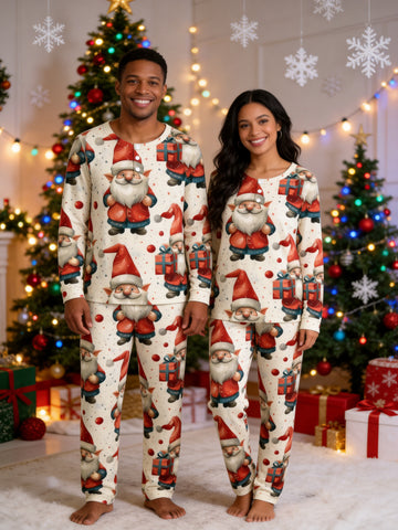 Christmas Santa Gnome with Gift Box Print 3-Button Henley Matching Couple Holiday Pyjamas