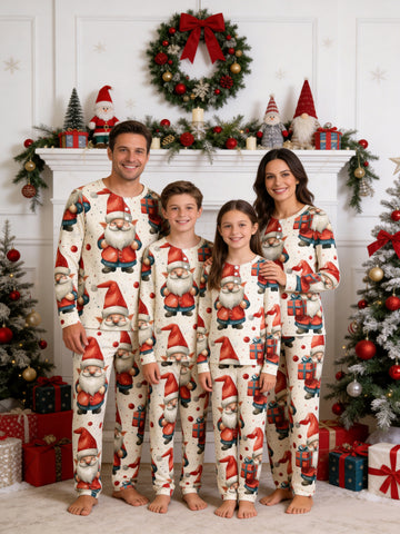 Christmas Santa Gnome with Gift Box Print 3-Button Henley Matching Family Holiday Pyjamas