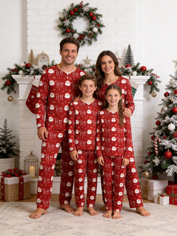 Festive Red Santa Face and Ornaments Print 3-Button Henley Family Christmas Sleepwear Set