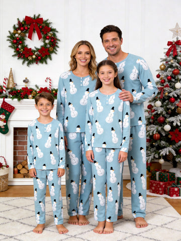 Light Blue Snowman with Top Hat Print 3-Button Henley Family Matching Holiday Pajamas