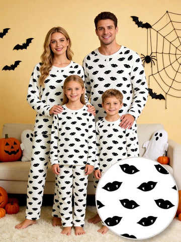 Spooky Halloween Vampire Black Lips Print Matching Family Pajama Set, Long Sleeve Henley Cotton Loungewear
