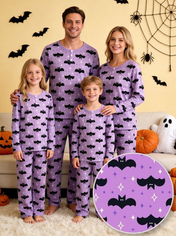 Whimsical Halloween Bat & Star Print Matching Family Pajama Set, Long Sleeve Henley Cotton Loungewear