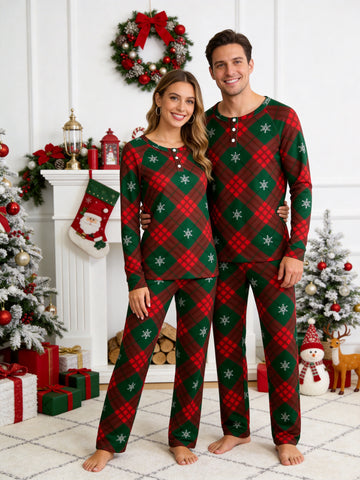 Red Green Plaid Snowflake Print 3-Button Henley Couple Christmas PJs