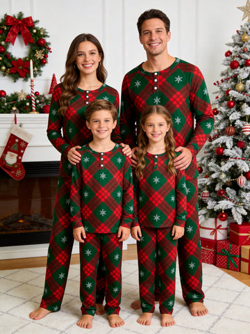 Red Green Plaid Snowflake Print 3-Button Henley Family Christmas PJs