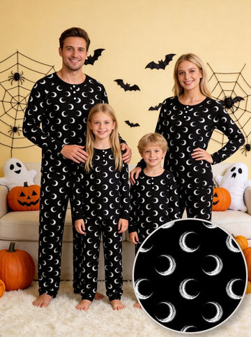 Mystical Halloween White Crescent Moon Print Matching Family Pajama Set, Long Sleeve Henley Cotton Loungewear
