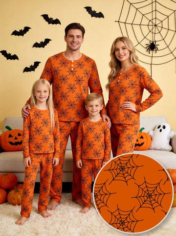 Vibrant Halloween Spiderweb Print Matching Family Pajama Set, Long Sleeve Henley Cotton Loungewear