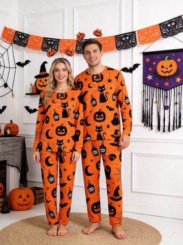 Funny Halloween Pumpkin & Black Cat Two-Piece Henley Neck Holiday Couple Pajamas
