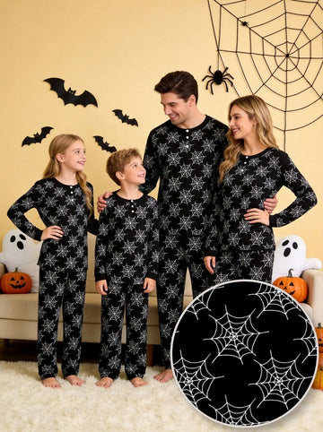 Mysterious Halloween Black & White Spiderweb Print Matching Family Pajama Set, Long Sleeve Henley Cotton Loungewear
