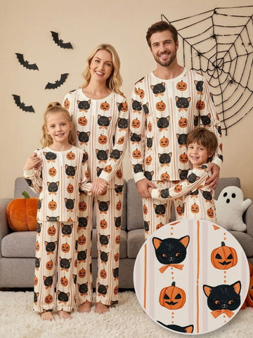 Cute Halloween Black Cat & Jack-O'-Lantern Print Matching Family Pajama Set, Long Sleeve Henley Cotton Loungewear