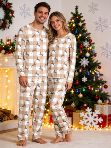 Beige Buffalo Plaid Reindeer Print 3-Button Henley Matching Couple Sleepwear Set