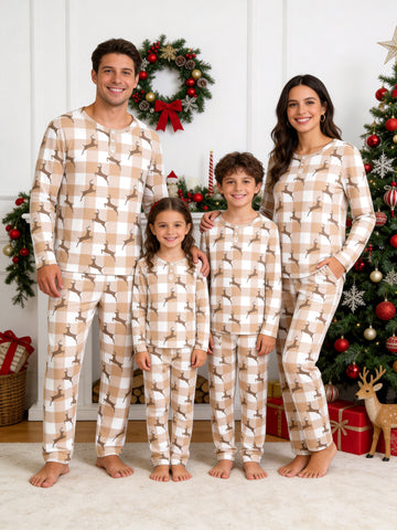 Beige Buffalo Plaid Reindeer Print 3-Button Henley Matching Family Sleepwear Set