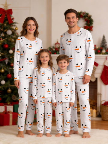 Matching Family Christmas Pajamas Set Pink Polka Dot Snowman Face Print 3-Button Henley Sleepwear