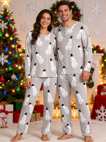 Couple Christmas Pyjamas Set Grey Classic Snowman Print 3-Button Henley Holiday Sleepwear