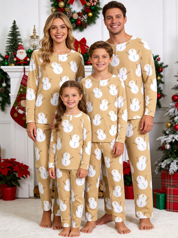 Matching Family Holiday PJs Khaki Cute Snowman Print 3-Button Henley Sleepwear Set