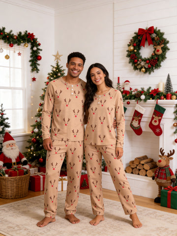 Cute Reindeer Antlers and Red Nose Print 3-Button Henley Matching Couple Christmas PJs