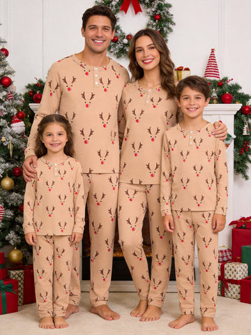 Cute Reindeer Antlers and Red Nose Print 3-Button Henley Matching Family Christmas PJs