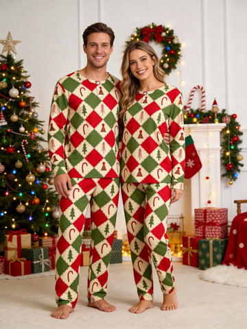 Retro Red and Green Patchwork Christmas Tree Candy Cane Print 3-Button Henley Couple Sleepwear
