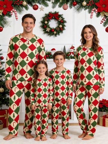 Retro Red and Green Patchwork Christmas Tree Candy Cane Print 3-Button Henley Family Sleepwear