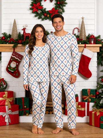 Blue and White Geometric Snowflake Diamond Print 3-Button Henley Matching Couple Holiday Pajamas