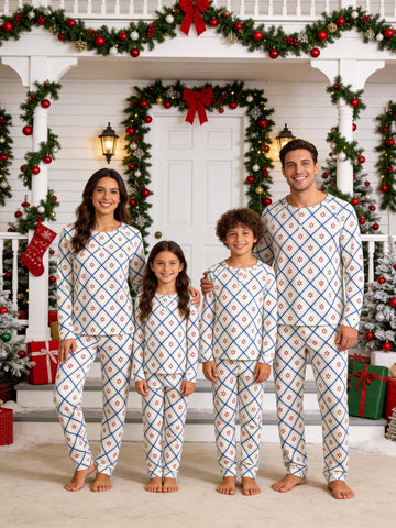Blue and White Geometric Snowflake Diamond Print 3-Button Henley Matching Family Holiday Pajamas