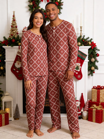 Rustic Terracotta Red Snowflake Plaid Print 3-Button Henley Couple Matching Christmas Pyjamas