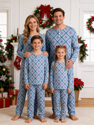 Slate Blue Diamond Snowflake Pattern Print 3-Button Henley Matching Family Holiday Sleepwear