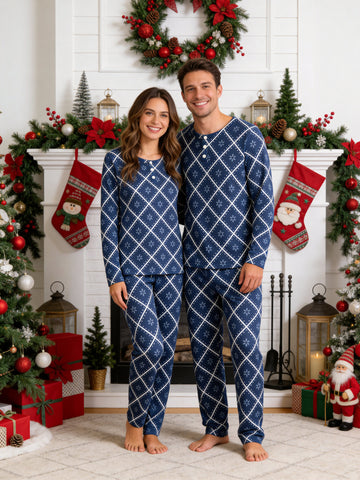 Deep Navy Blue Snowflake Quilted Print 3-Button Henley Couple Christmas Pyjamas Set
