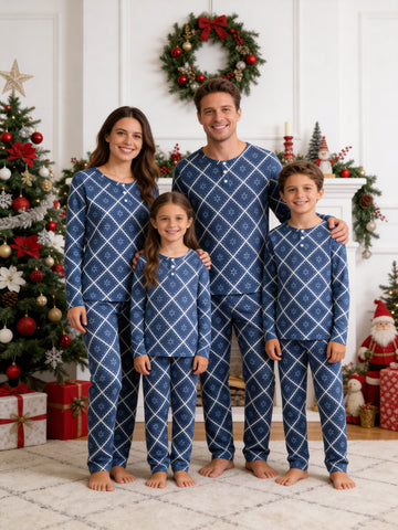 Deep Navy Blue Snowflake Quilted Print 3-Button Henley Family Christmas Pyjamas Set