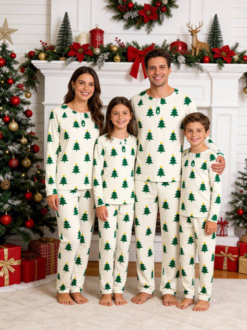 Classic Green and Yellow Star Christmas Tree Print 3-Button Henley Matching Family Christmas Pajamas