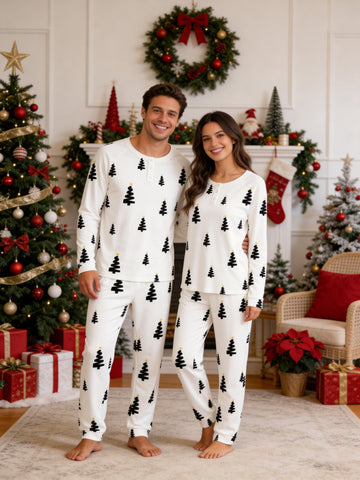 Minimalist Black and Gold Christmas Tree Print 3-Button Henley Matching Couple Sleepwear Set