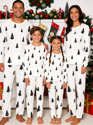 Minimalist Black and Gold Christmas Tree Print 3-Button Henley Matching Family Sleepwear Set