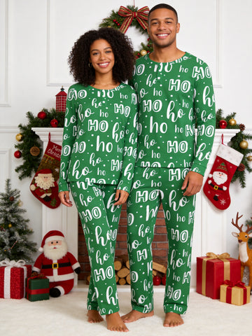 Vibrant Green Handwritten Ho Ho Ho Lettering Print 3-Button Henley Couple Holiday Sleepwear Set
