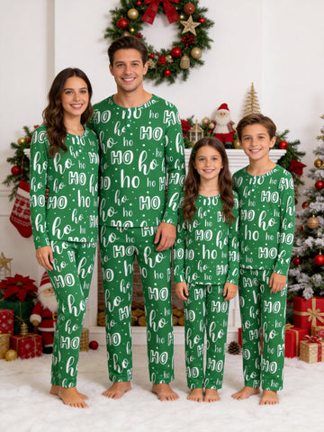 Vibrant Green Handwritten Ho Ho Ho Lettering Print 3-Button Henley Holiday Sleepwear Set
