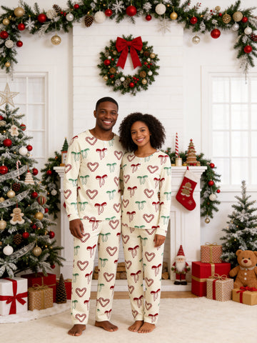 Warm Beige Candy Cane Hearts and Ribbon Bows Print 3-Button Henley Couple Christmas Pajamas