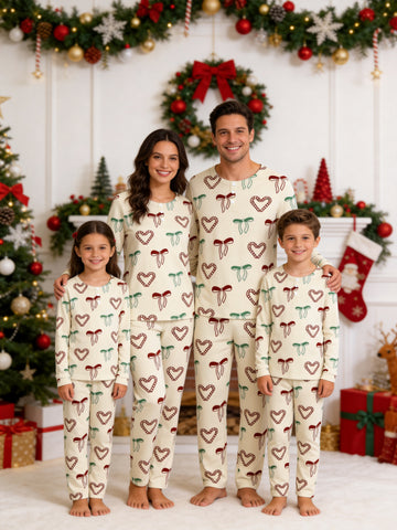 Warm Beige Candy Cane Hearts and Ribbon Bows Print 3-Button Henley Family Christmas Pajamas