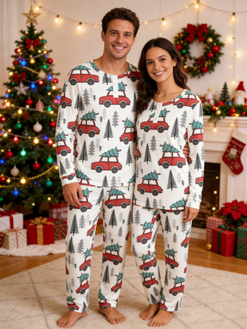 Vintage Red Christmas Cars Carrying Pines Print 3-Button Henley Couple Matching Holiday PJs