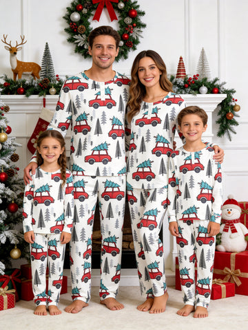 Vintage Red Christmas Cars Carrying Pines Print 3-Button Henley Family Matching Holiday PJs