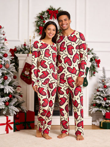 Festive Red Mitten Print Long Sleeve 3-Button Henley Matching Couple Pajamas