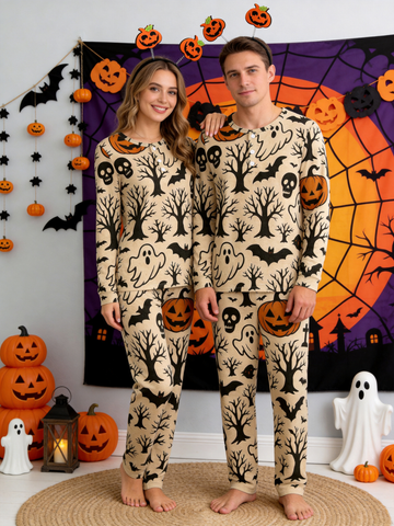 Spooky Halloween Ghost & Bare Tree Two-Piece Henley Neck Holiday Couple Pajamas