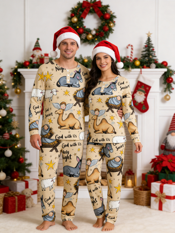 Cute Nativity Scene Baby Jesus & Camel Two-Piece Henley Neck Christmas Couple Pajamas